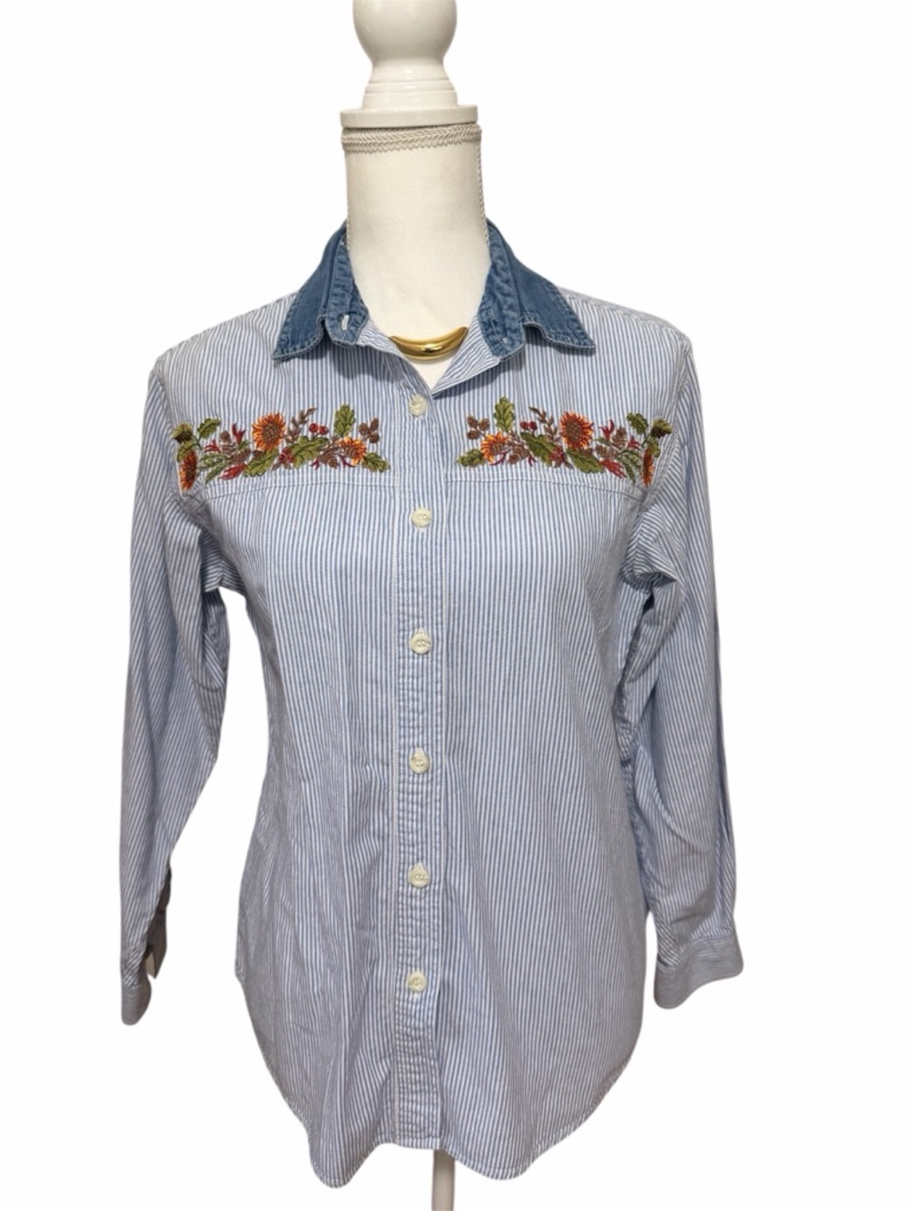 Embroidered Striped Button-Down Blouse - Blue